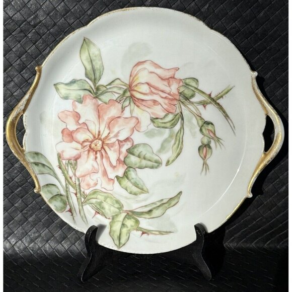 Jean Pouyat Limoges Cake Plate Thorny Roses 10 1/2” Antique c1891-1932 Cutouts - Picture 1 of 14